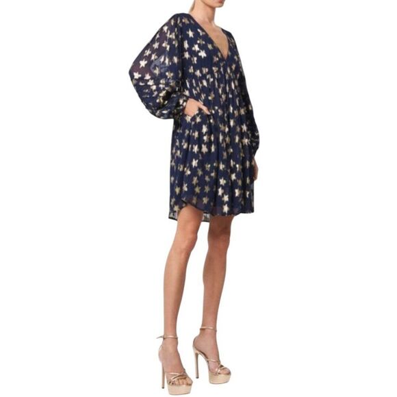 Ciebon Sallie Metallic Star Print Sz L Long Sleeve Minidress in Navy & Gold - Picture 5 of 10